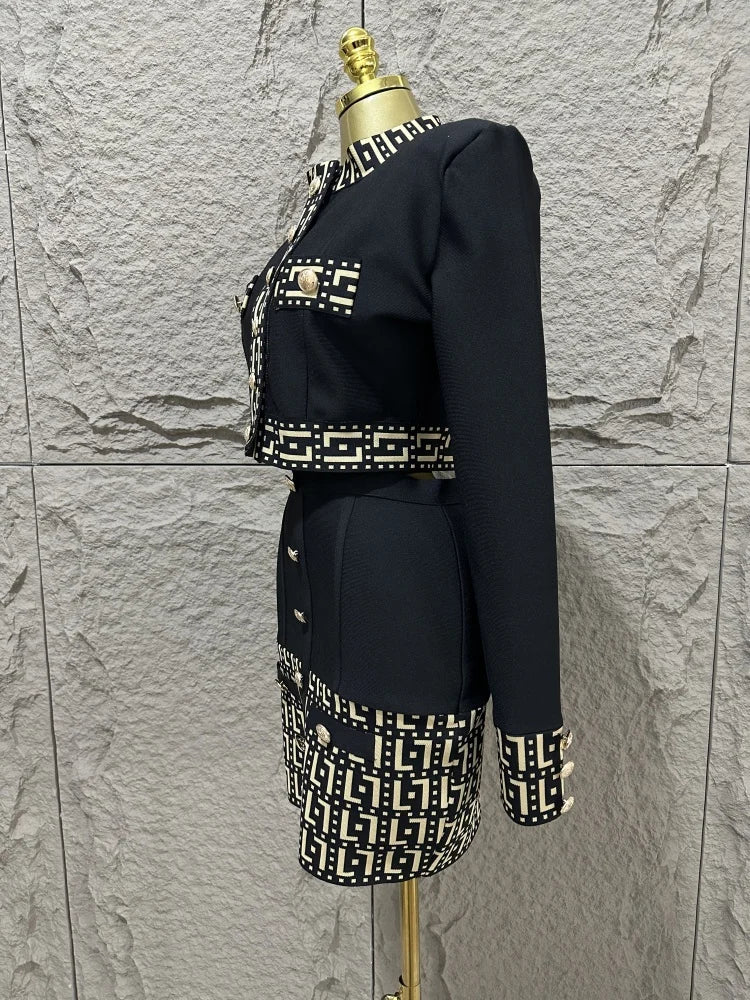 High quality women's new black fashionable long sleeved button jacquard top+high waist hip bag skirt two-piece bandage set