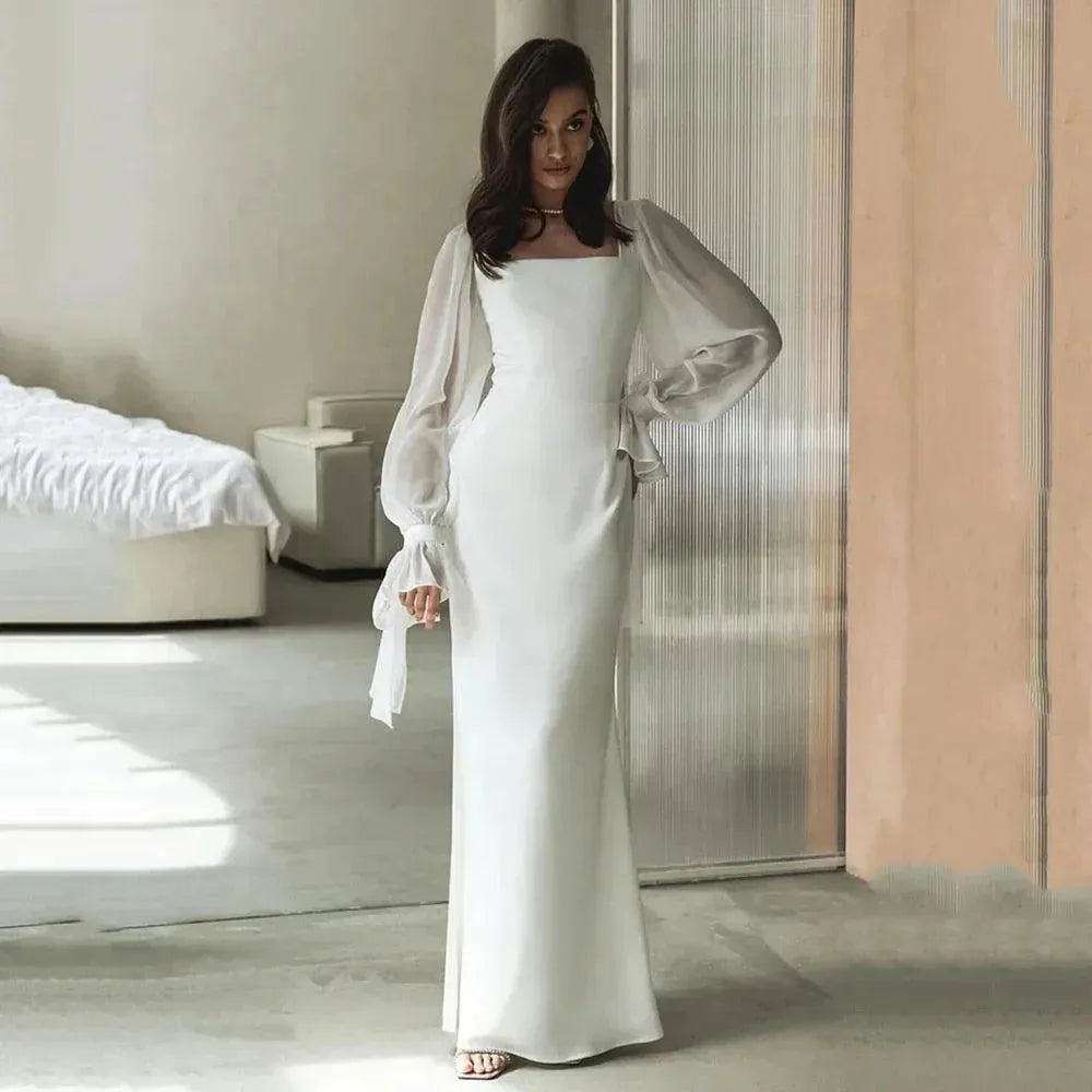 Simple Wedding Dresses Square Neck Puff Sleeves Bodycon Satin Bride Dresses Vintage Bridal Gowns Floor length Photo color Satin