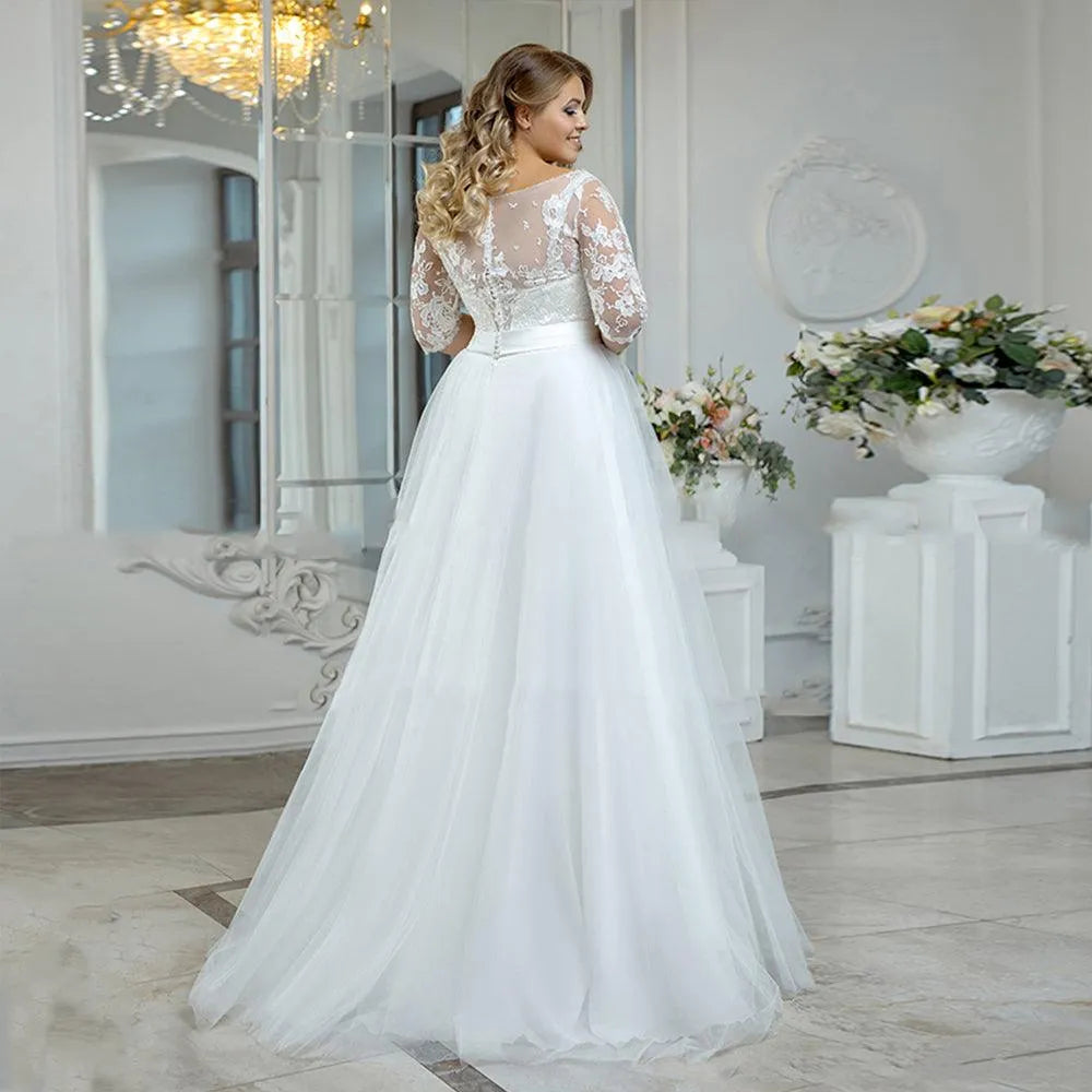 Vintage Beach Wedding Dress Plus Size Boho Lace Applique Three Quarter Sleeves Tulle Bride Gown A-Line Floor Length Plus Size