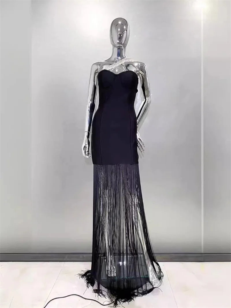 2024 Summer Women New Black Sexy One Shoulder Diamond Sleeveless Bodycon Bandage Dress Elegant Fashion Tassel Long Dress