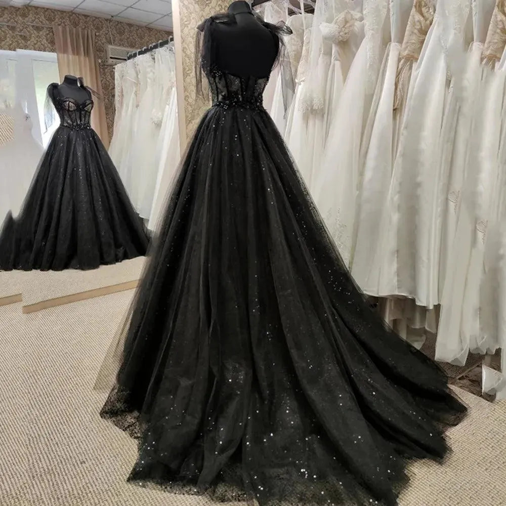 Gothic Black Wedding Dresses Sexy Ball Gown Prom Dresses Glitter Sweetheart Party Dresses فساتين السهرة Vestidos De Fiesta Black CN