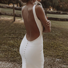 Modern Sheath Crepe Minimalist Wedding Dresses For Women Buttons Oversized Tight Fit Simple Bow Train Backless Bridal Gown