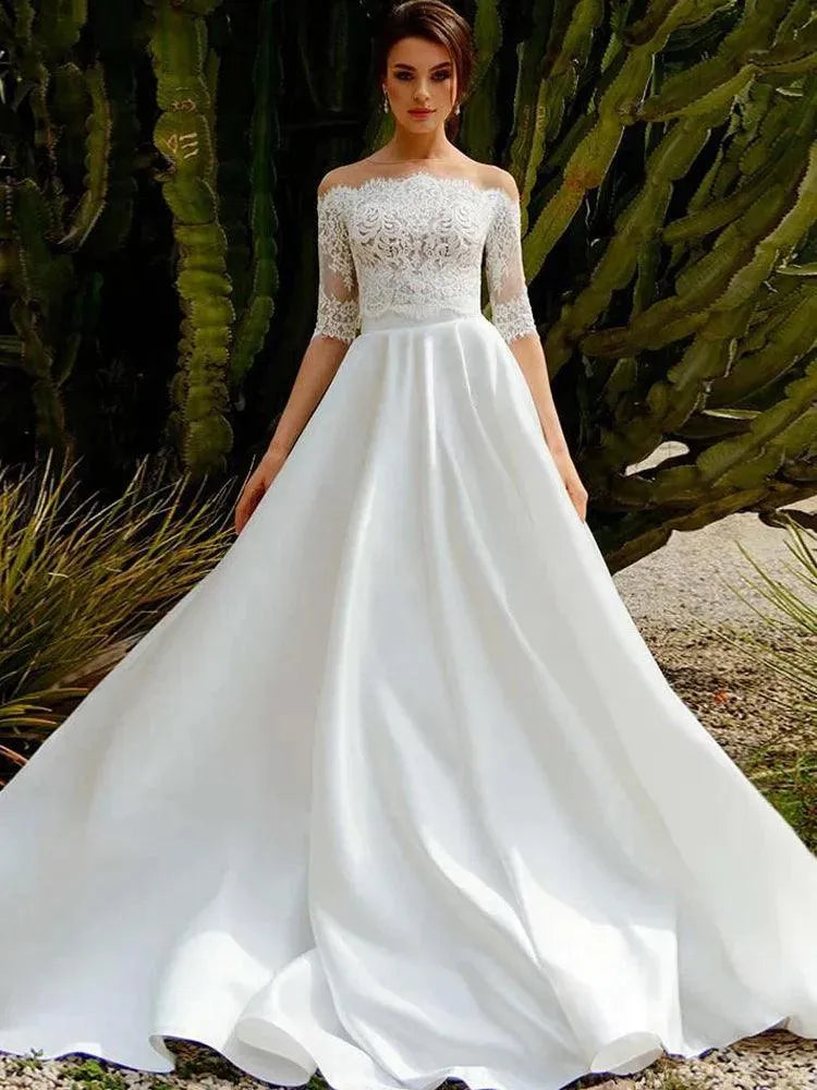 PERFECT Elegant Boat Neck A-Line Wedding Dresses Off The Shoulder Lace Appliques 1/2 Sleeves Bridal Gown Court Train Custom Made Champagne 14W