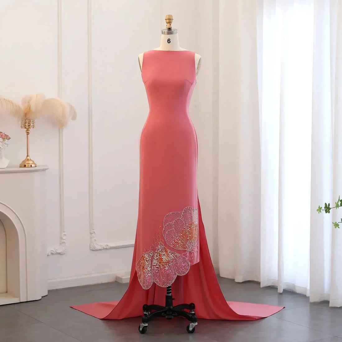 Elegant Coral Pink Scalloped Arabic Evening Dress Luxury Dubai Butterfly Beaded Women Wedding Party Gowns wedding dress Coral Pink Evening Dress