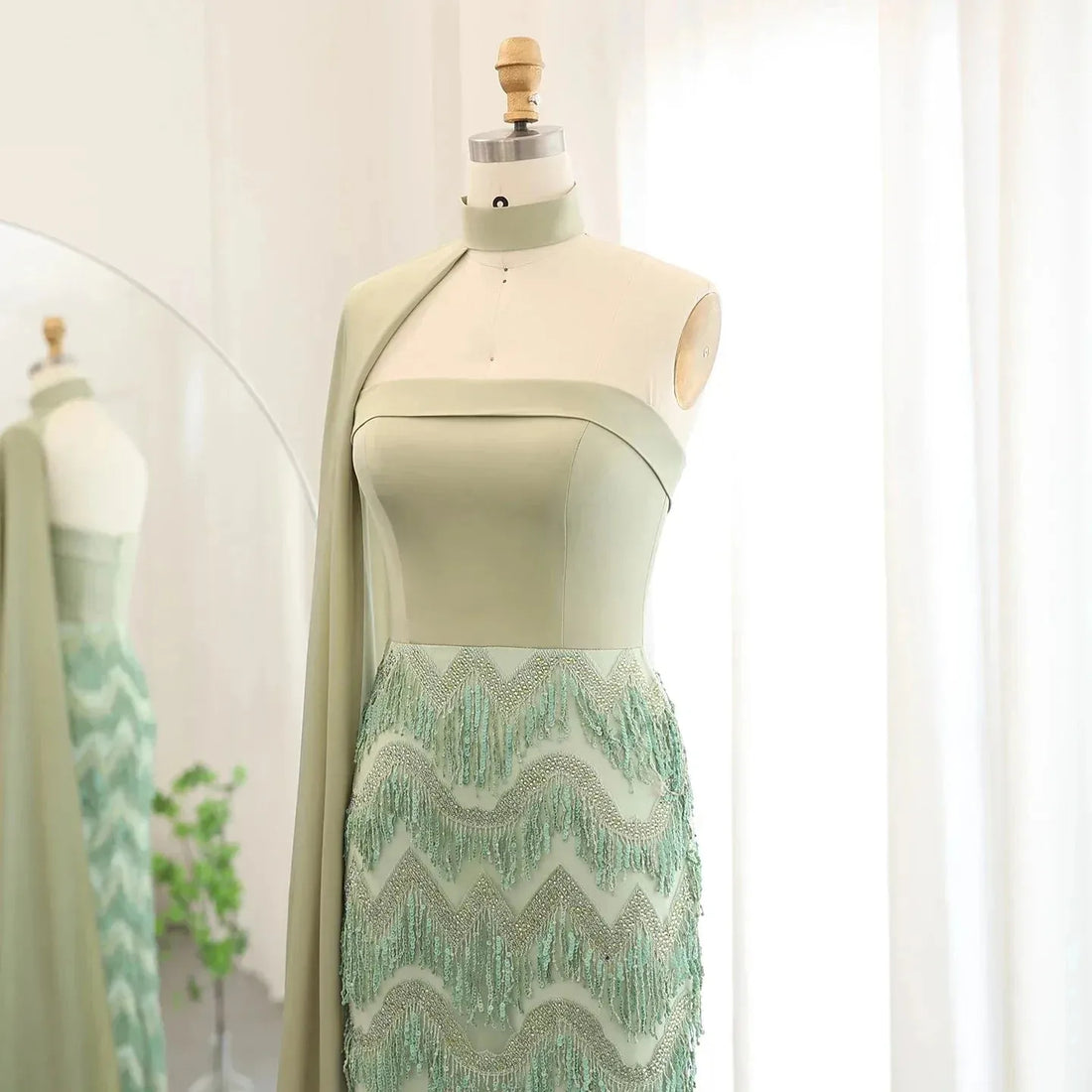 Arabic Turquoise Blue Tassel Evening Dress with Cape Sleeves Elegant Sage Gree Dubai Women Wedding Party Gowns Evening Dress