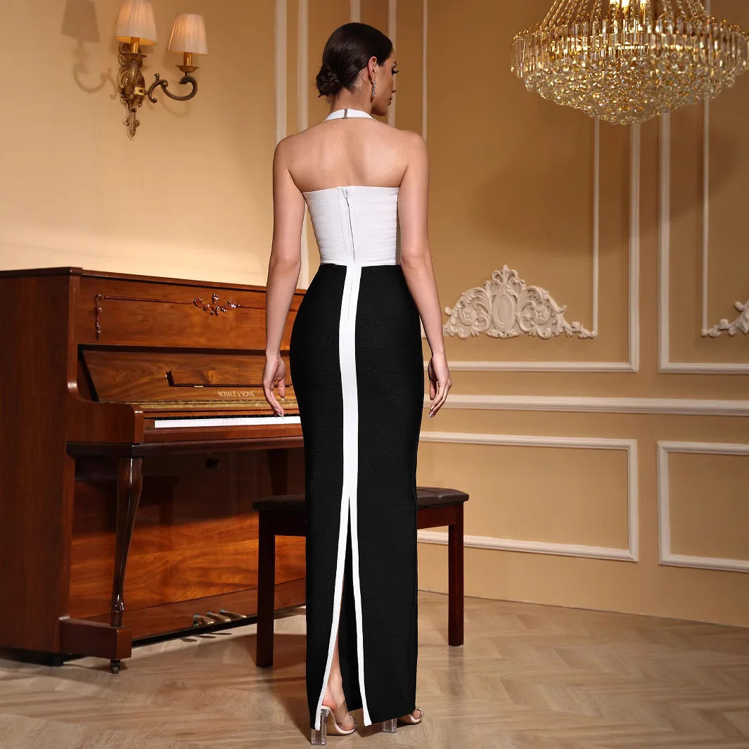 Women summer white pachwork sexy halter spaghetti straps slim long bandage dress fashion backless party dress