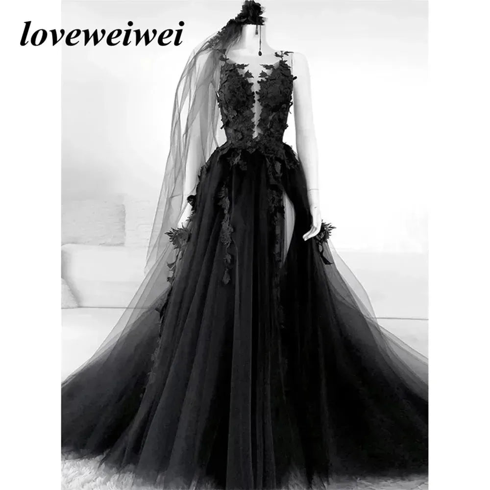 Gothic Black Prom Dresses Sexy Backless High Side Split A-line Evening Dress Lace Formal Party Gowns With Veil Robe De Soirée Custom Color