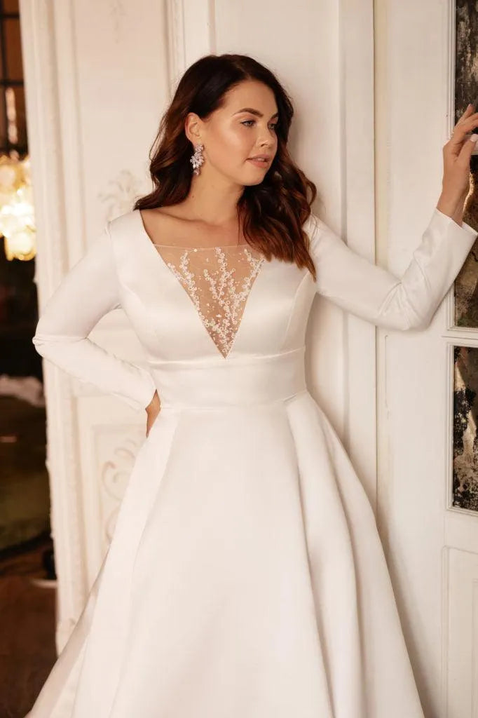 Oversize Satin Wedding Dresses For Woman Long Sleeves Bride Gowns Plus Size A-Line Classic vestidos de novia Ivory