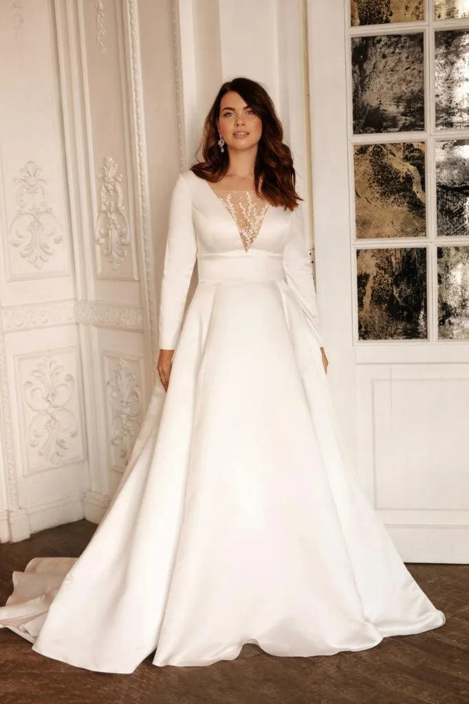 Oversize Satin Wedding Dresses For Woman Long Sleeves Bride Gowns Plus Size A-Line Classic vestidos de novia Ivory