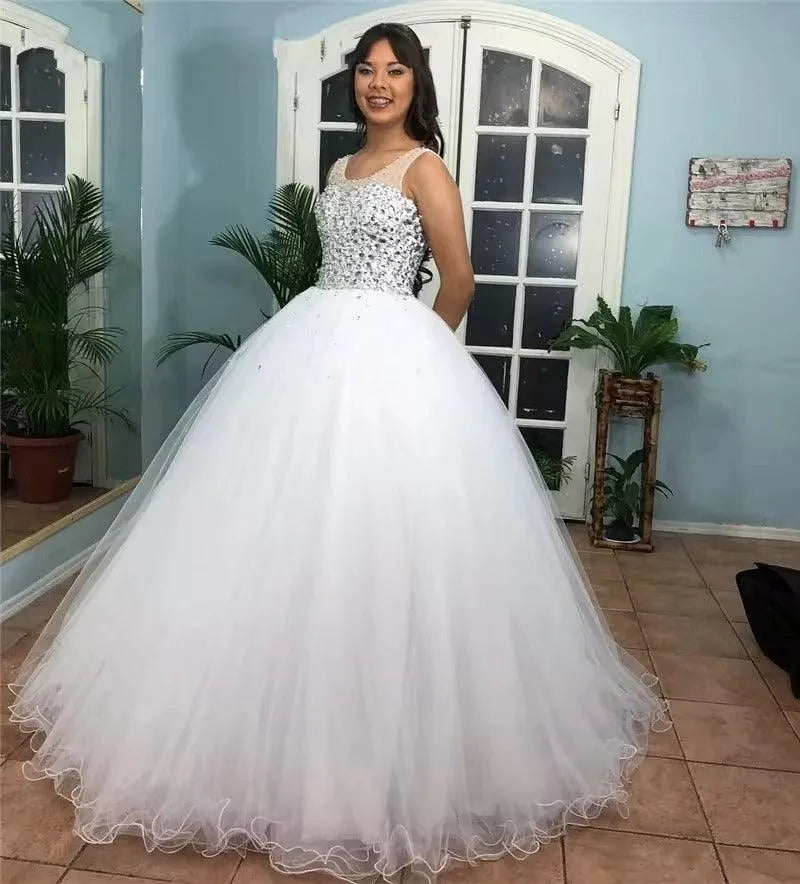 Quince Dress | Cap Shoulder Sheer Neck Ball Gown Quinceanera Dresses 15 Party Sparkly Crystals Beaded Robe De Mariee Formal Wedding Dresses White