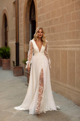 Sexiga bröllopsklänningar Deep V Neck Long ärmar Brudklänningar Backless Applices A-Line Sweep Train Chiffon свадебноss патьement