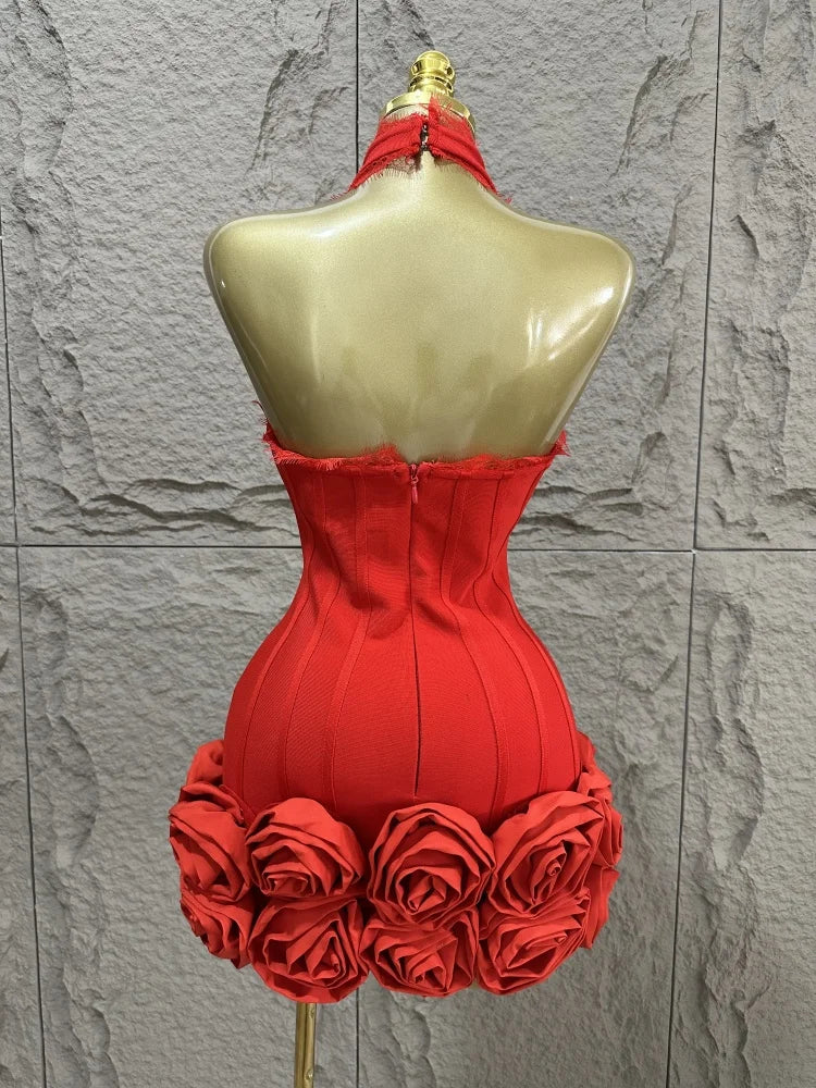 2015 Summer New Red Sexy Hanging Neck Deep V-neck Heavy duty Flower Mini Bandage Dress Sexy Fashion Party Dressn