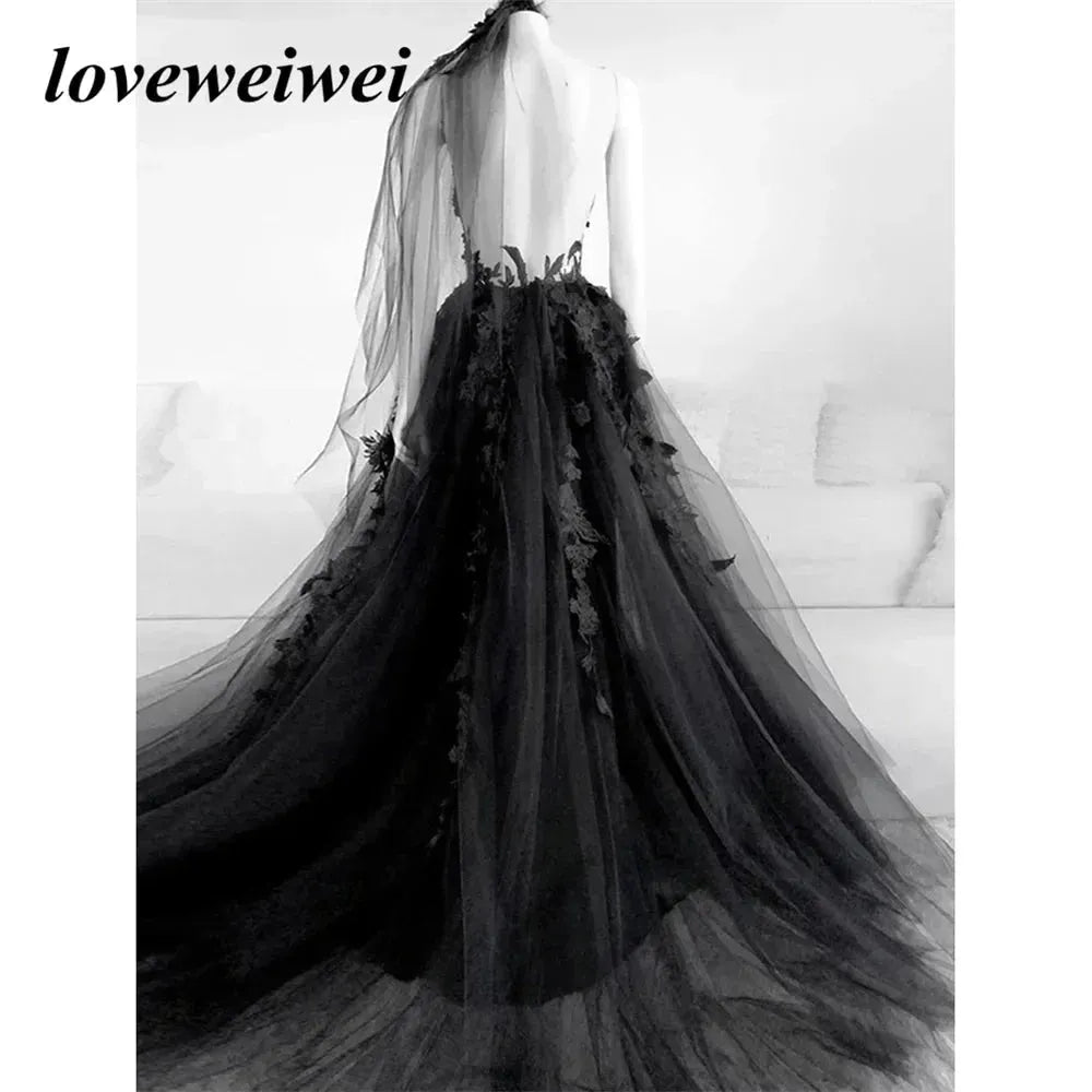 Gothic Black Prom Dresses Sexy Backless High Side Split A-line Evening Dress Lace Formal Party Gowns With Veil Robe De Soirée Custom Color