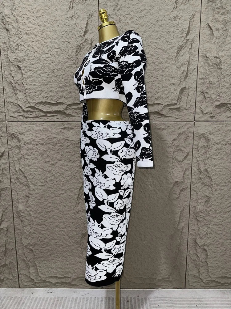 Women bandage jacquard knitted set, black and white flower jacquard short top, hip wrap skirt two-piece set
