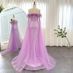 Luxury Feather Turquoise Dubai Evening Dress with Cape Sleeves Lilac Arabic Women Wedding Party Prom Gown