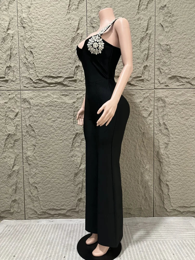 Summer new socialite style women's sexy suspender, luxurious diamond inlaid flower temperament, elegant bandage jumpsuit