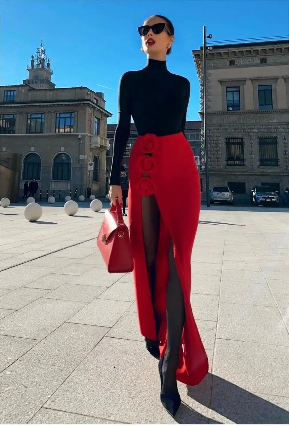 2024 summer new women's clothing red three-dimensional flower high slit bandage long skirt half skirt elegant fashion party wear