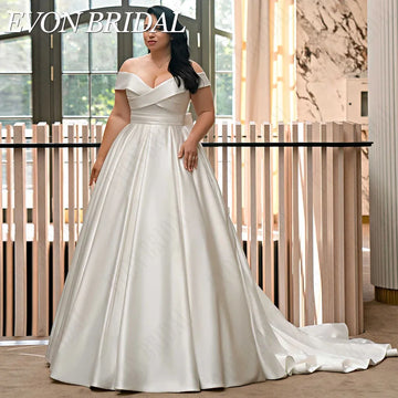 Simple Wedding Dresses Plus Size V Neck Off Shoulder Satin A-Line Lace Up Sweep Train Bridal Gowns Robe Mariee