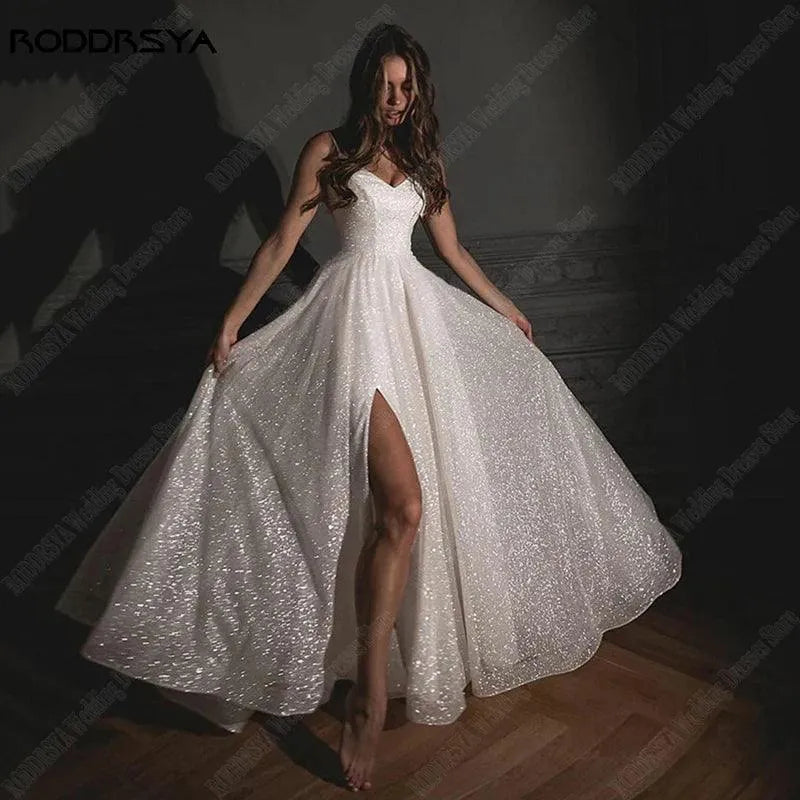 Spaghetti Straps V-Neck Sparkling Wedding Dresses Side Split Glitter Bridal Party Gowns Custom Made Hochzeitskleid Ivory
