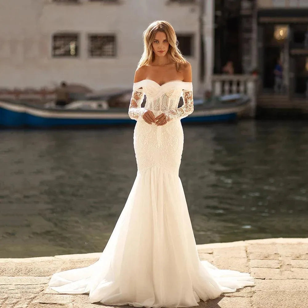 Off The Shoulder Wedding Dresses for Women Mermaid Bride Gown with Brush Train Tulle Lace Bridal Dress Vestidos Para Mujer White