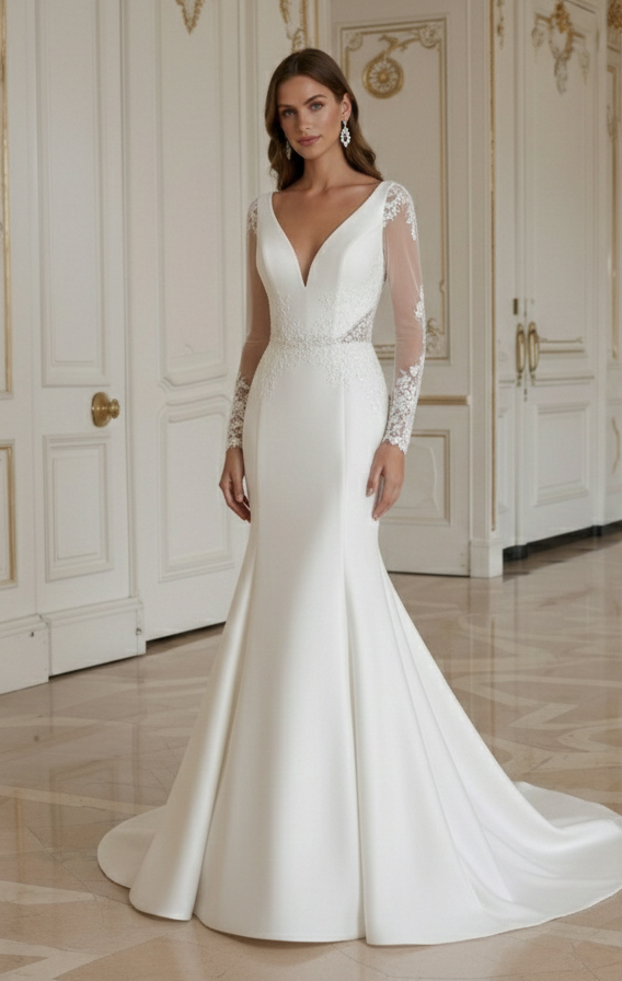 White wedding dress with long sleeves shown from front and back in an elegant room.