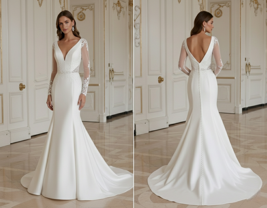 White wedding dress with long sleeves shown from front and back in an elegant room.