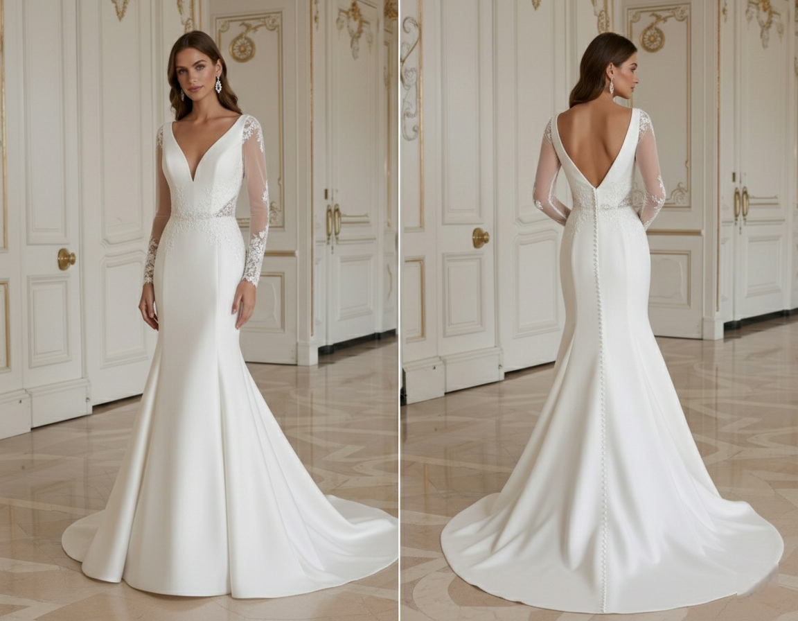 White wedding dress with long sleeves shown from front and back in an elegant room.
