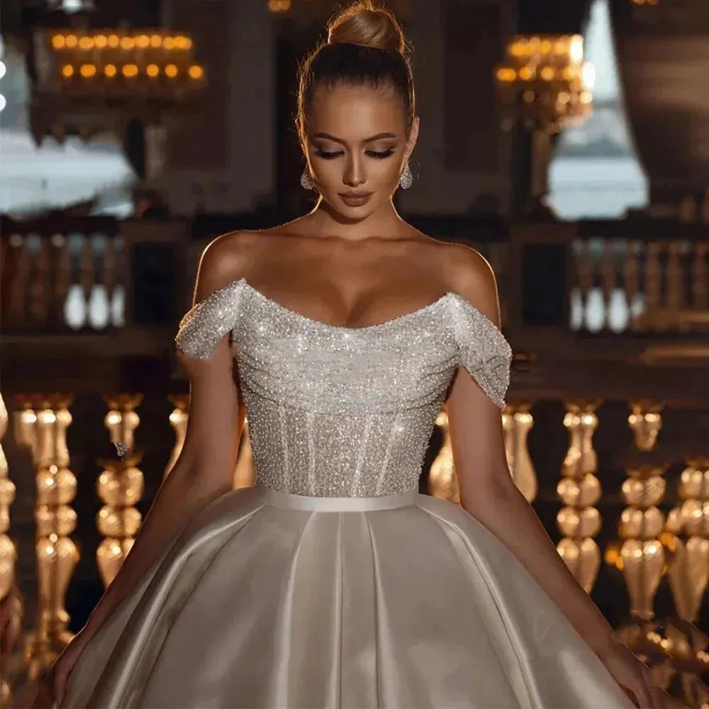 Arabic Off the Shoulder Wedding Dresses Sexy Sequins Beads Princess Women's Bride Gowns Satin Vestido De Noiva Robe платье Beige Satin