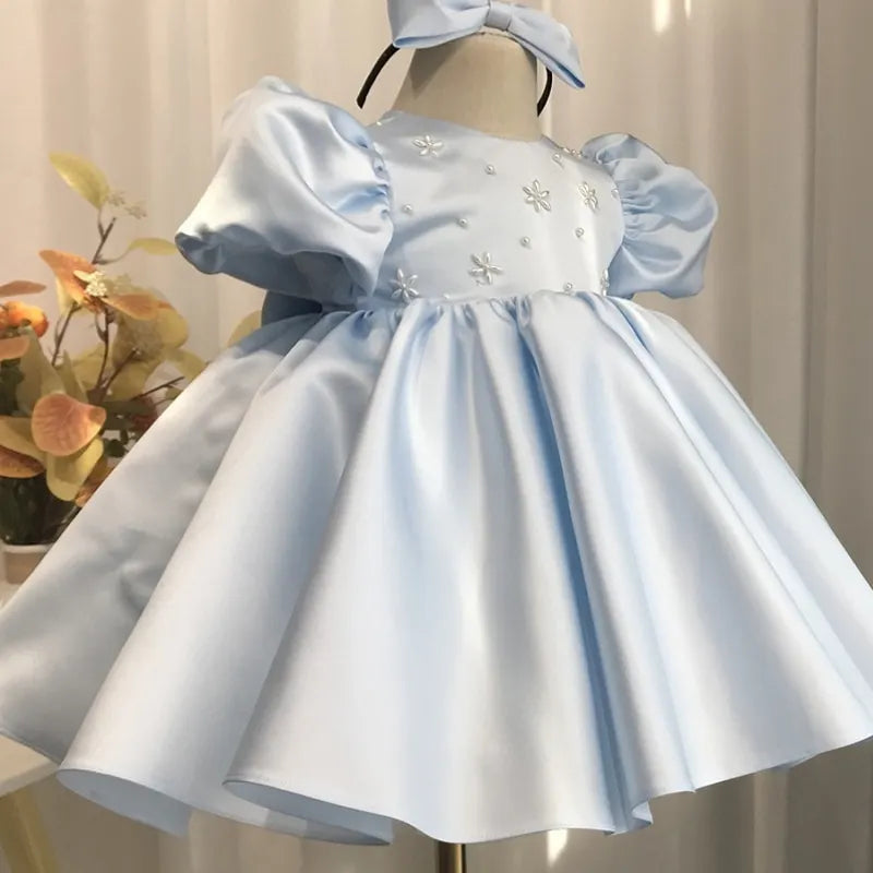 Baby Girl Princess Pearl Beading Dress Infant Toddler Child Bow Vestido Puff Sleeve Wedding Party Birthday Baby Clothes 1-14Y Sarah Houston