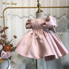 Baby Girl Princess Pearl Beading Dress Infant Toddler Child Bow Vestido Puff Sleeve Wedding Party Birthday Baby Clothes 1-14Y Sarah Houston