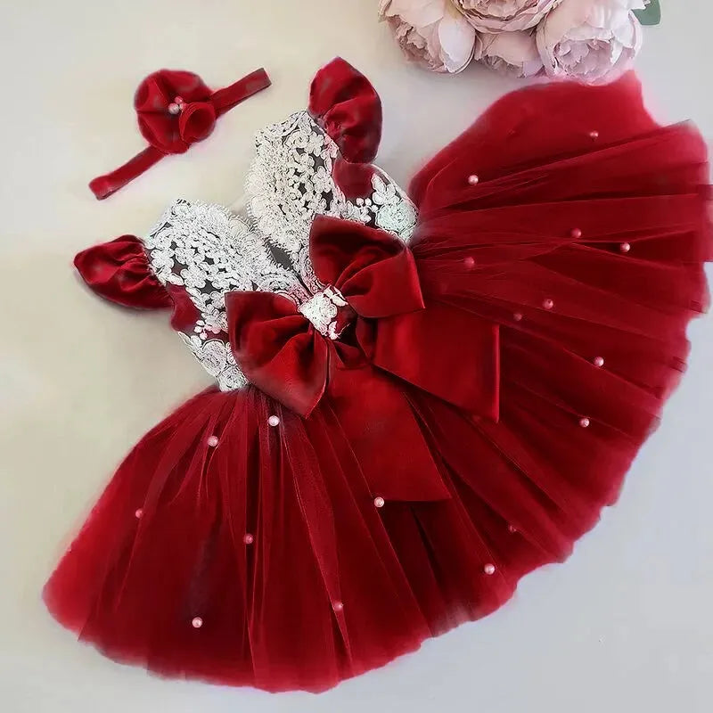 Baby Girls Princess Party Dresses Flower Lace Red Christmas Dress for Kids Cute Birthday Wedding Evening Gown New Year Costume red
