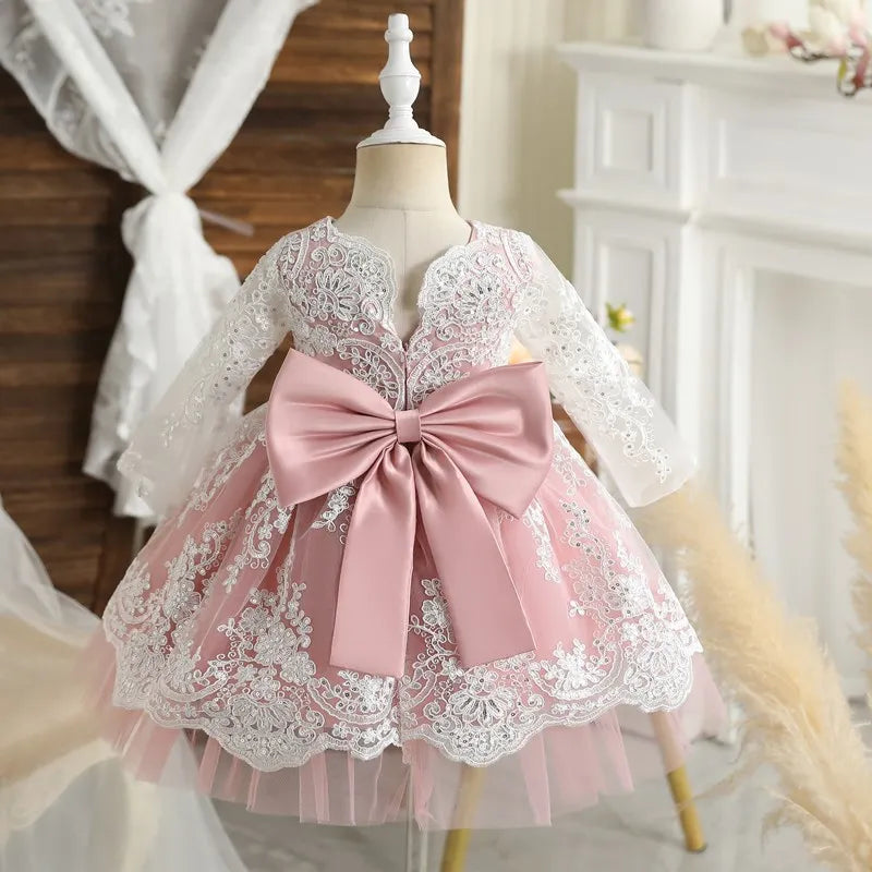 Baby Pink Dress Toddler Girl Party Formal Dress Newborn Princess Lace Bow Gown Girl Communion Dress Wedding Dress Free Hairclips