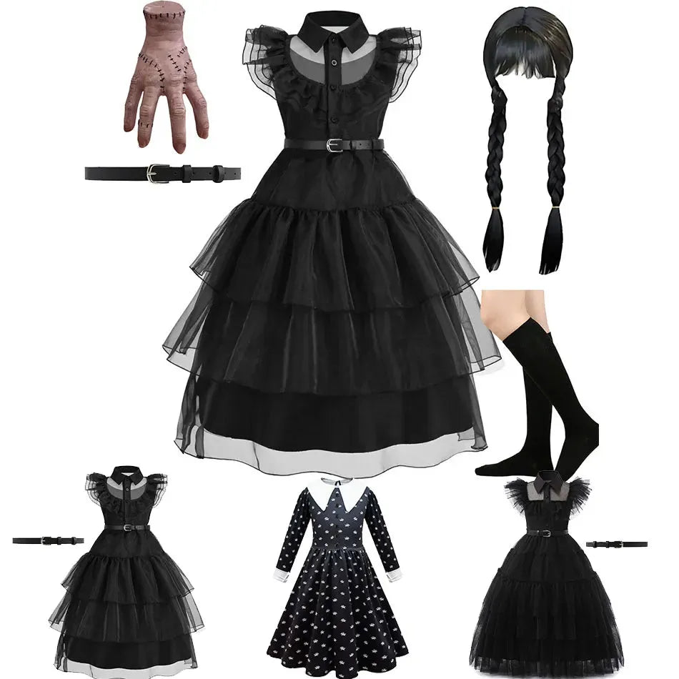 Baby Wednesday Costume Kids Princess Elegant Dress Children Family Dancing Horror Disguise Addams Cosplay Halloween Dress 4-12T