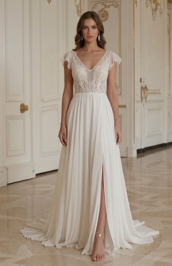 Rochie de mireasă pentru plajă pentru ceremonie casuală pe plajă