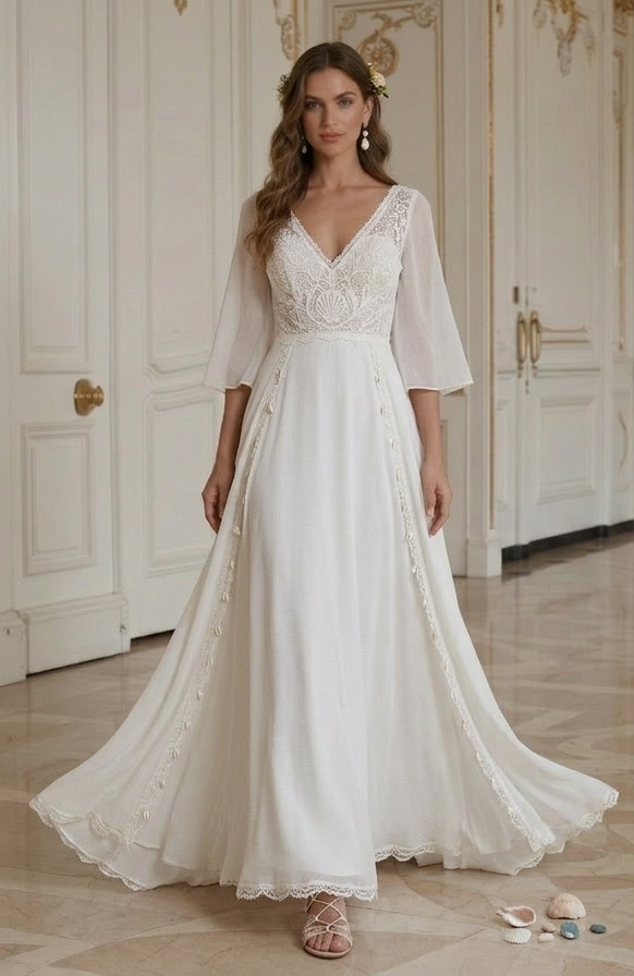 Rochie de mireasă pentru plajă pentru nuntă la malul mării