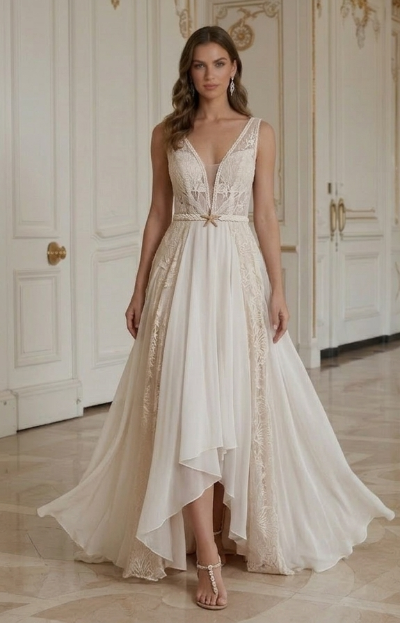 Rochie de mireasă pentru plajă fără mâneci pentru vară