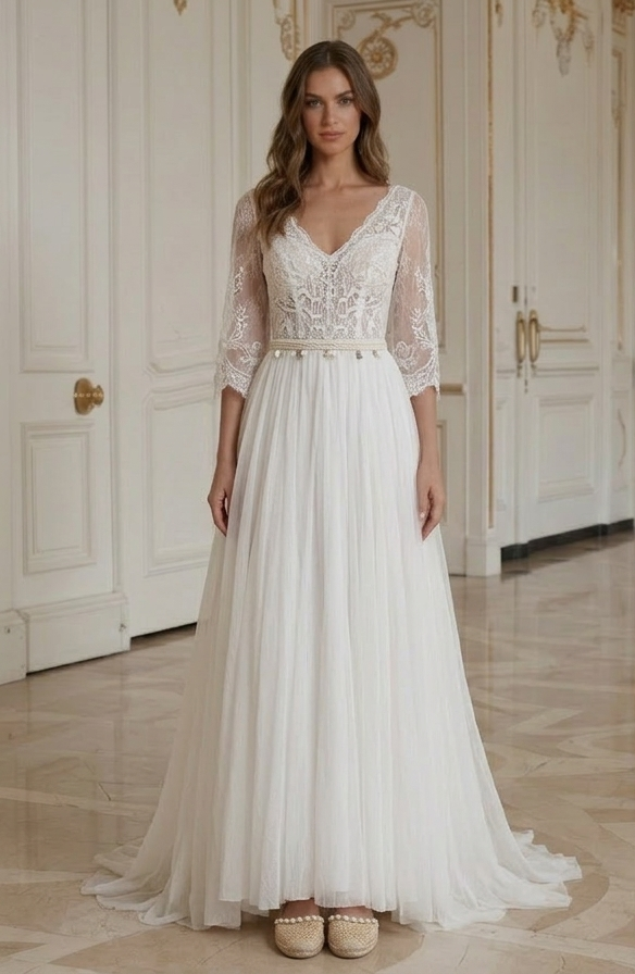 Rochie de mireasă pentru plajă cu siluetă în A