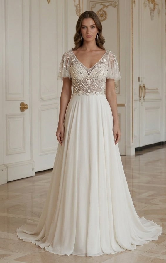 Rochie de mireasă pentru plajă cu corset cu mărgele