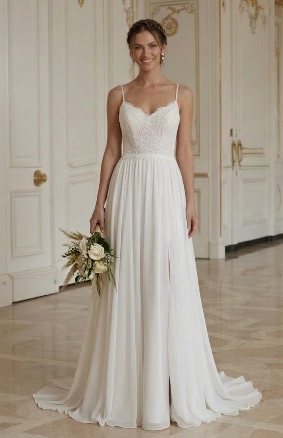 Rochie de mireasă pentru plajă cu fustă din șifon