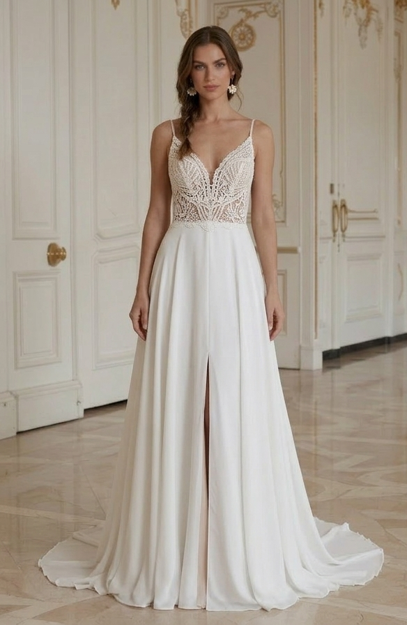 Rochie de mireasă pentru plajă cu trenă detașabilă