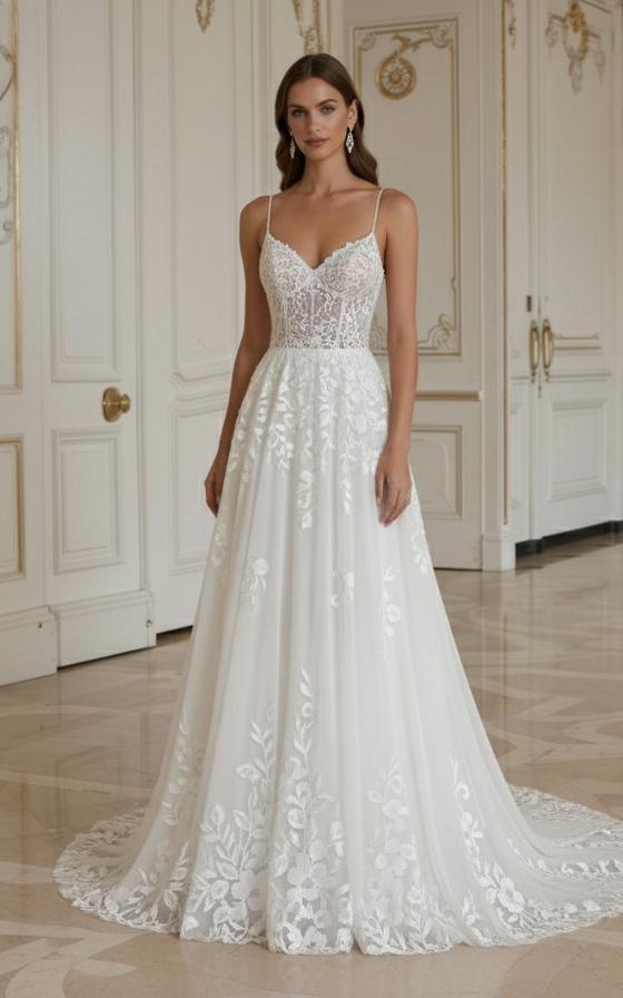 Rochie de mireasă pentru plajă cu broderie florală