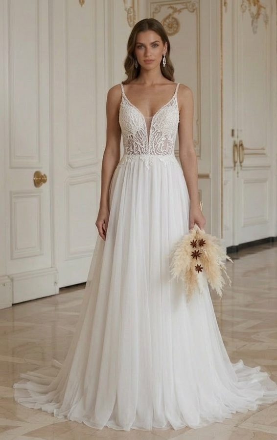 Rochie de mireasă de plajă cu design modern de plajă