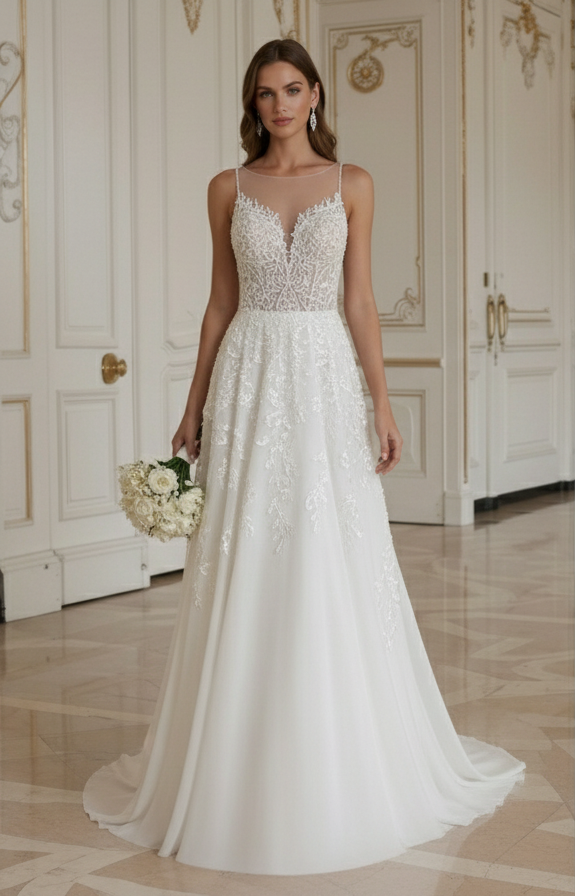 Rochie de mireasă pentru plajă cu decor cu perle