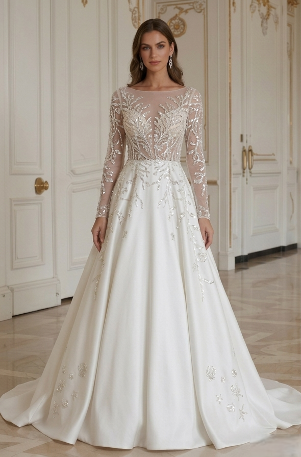 Rochie de mireasă pentru plajă cu detalii cu paiete Glamour