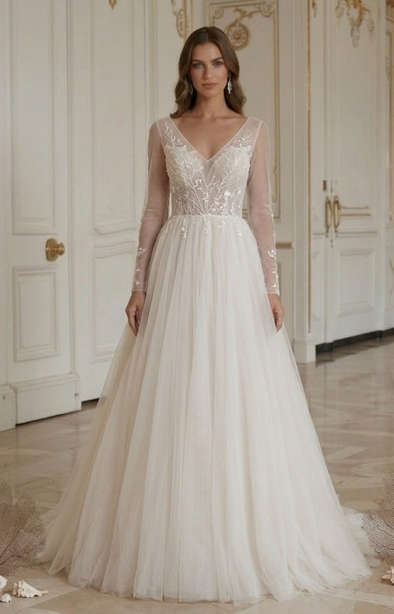 Rochie de mireasă pentru plajă din material moale de tul