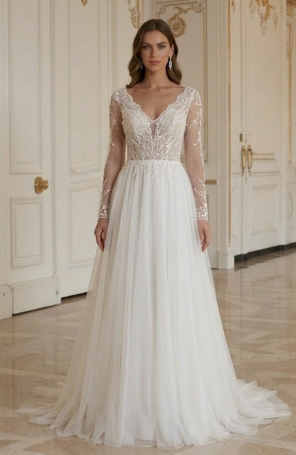 Rochie de mireasă de plajă cu aspect tradițional de mireasă