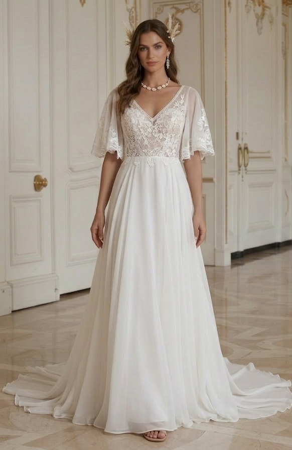 Rochie de mireasă pentru plajă cu trenă ușoară