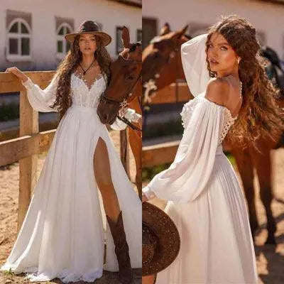 Civil Chiffon Wedding Dresses Long Puff Sleeves Boho Bridal Gowns Side Split Sweep Train Elegant Simple A-Line Robe De Mariage Boho