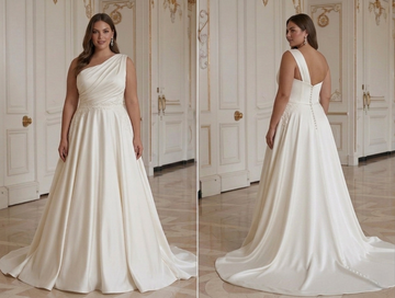 Hermoso vestido de novia para novia talla grande con look suave y elegante