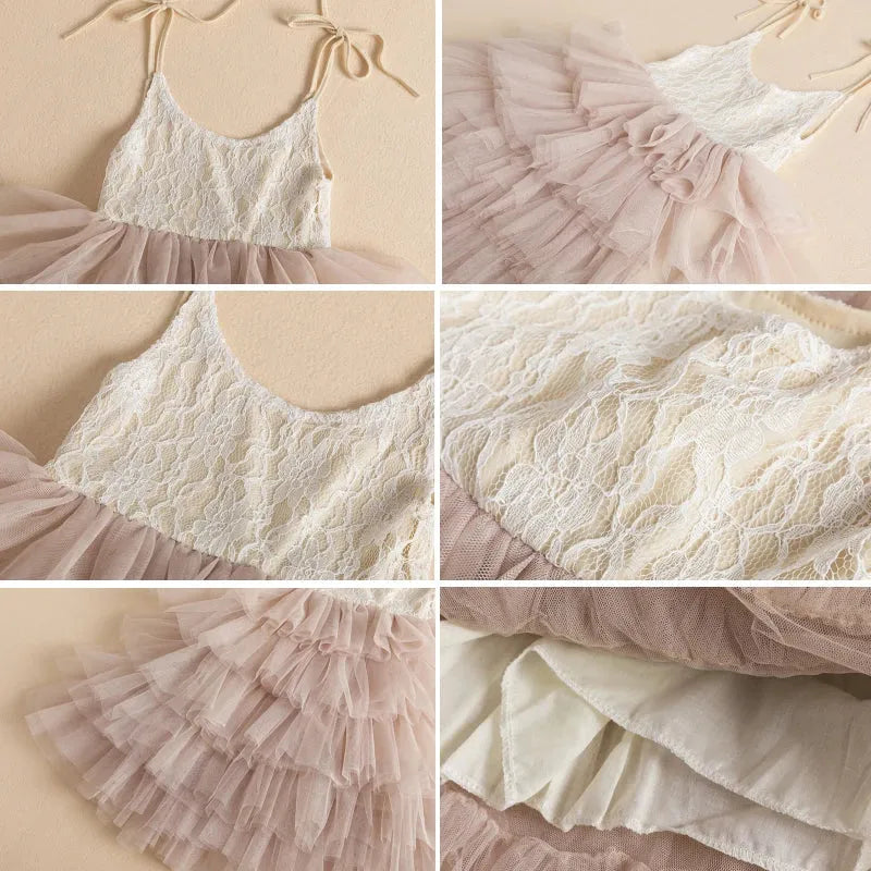 Beauty Flower Dresses for Girls Wedding Dress Children Summer Party Tutu Gown Kid Girl Layer Princess Sling Evening Casual Dress